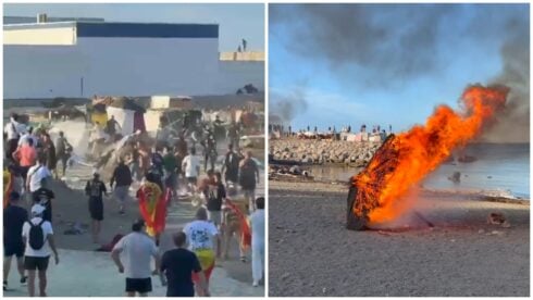 watch:-protesters-hoist-spanish-flag-after-storming-beach-and-torching-migrant-camps-in-ceuta
