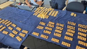 Gold bars and coins laid out after being recovered by Dendermonde police.