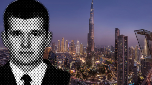 A linocut print of a Spanish man in front of the dubai skyline