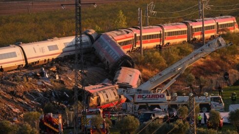 Two trains wrecked on an embankment