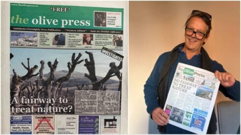 Olive Press editor Jon Clarke and a front page from October 2007