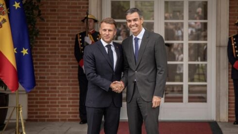 Pedro Sanchez and Emmanuel Macron pose for photos during the French president's state visit to Madrid on Wednesday, September 30, 2026.