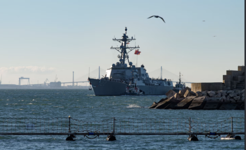The USS John Basilone, an Arleigh Burke-class guided-missile destroyer, arrives at the US and Spanish naval base at Rota